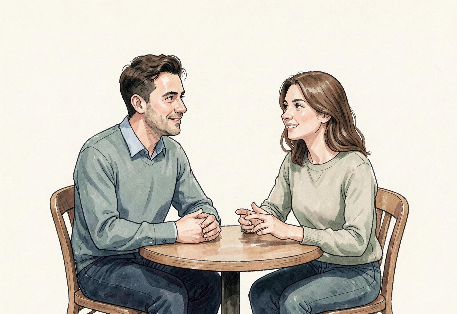 A man and woman having a relaxed, equal conversation at a café table